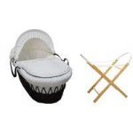Kiddies Kingdom Deluxe Dark Wicker Moses Basket-Dimple White & INCL Stand!