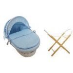 Kiddies Kingdom Deluxe White Wicker Moses Basket-Dimple Blue & INCL Stand!
