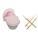 Kiddies Kingdom Deluxe White Wicker Moses Basket-Dimple Pink & INCL Stand!