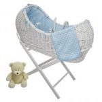 Kiddies Kingdom Deluxe Kiddy-Pod White Wicker Moses Basket-Blue + Free Stand Worth25!